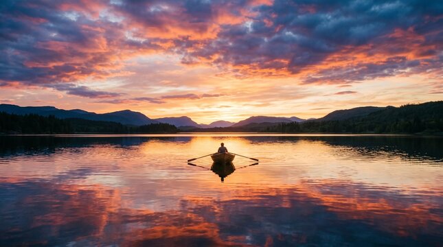 man rowing a wooden boat on a calm lake during a dramatic sunset