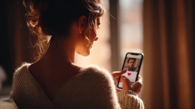 Woman browsing dating app profiles on her smartphone in warm indoor lighting