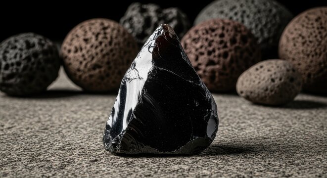 Sharp black obsidian shard with volcanic rocks in natural setting