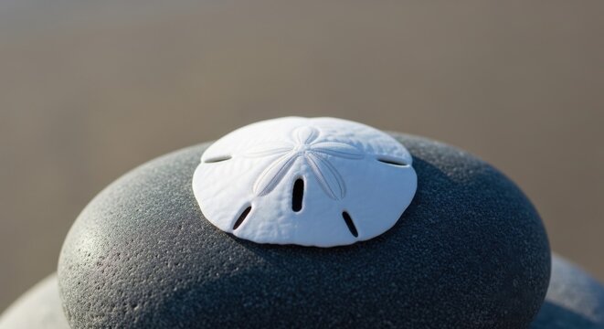 A single perfectly formed white sand dollar resting on a textured dark stone near the ocean