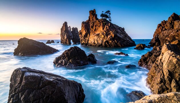 Dramatic Rocky Sea Stacks Rising From Turquoise Waves at Sunset Coastline