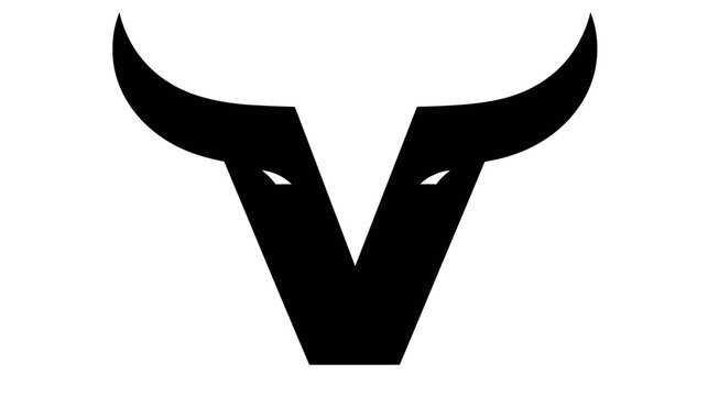 Stylized black bull head with sharp horns and subtle eyes, forming a V-shape graphic design element. Symbolizing strength and power.