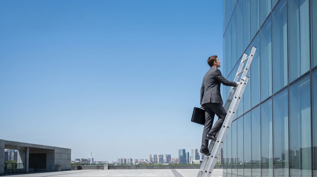 Executive climbing a ladder with missing rungs against a skyscraper, illustrating career barriers and impossible corporate progression.