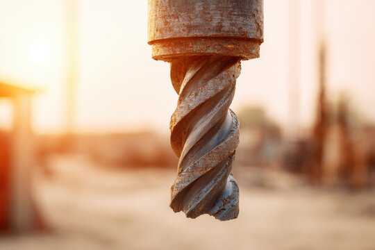 Closeup auger drilling into soil, mud and debris flying. Industrial drill bit digging. Operating heavy rig for building footings, gritty, warm backlight. Dust fill the air. Active construction work