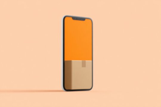 An iphone x with an orange screen and a cardboard box on it set against a peachcolored background.