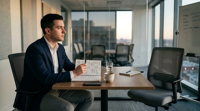 Businessman sits at a wooden conference table in a modern office while holding a pen and taking notes in his notebook during a productive work session in the late afternoon light.
