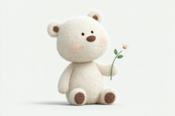 Fototapeta premium A white teddy bear holding a daisy in its hand against a white background. the bear has a soft plush texture and its eyes are closed giving it a peaceful and serene look.