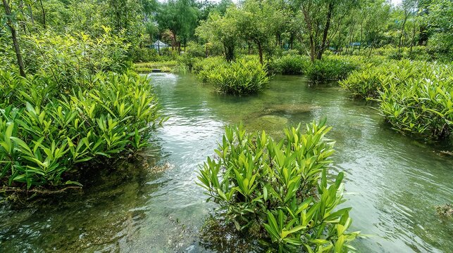 Urban wetland ecological reserve, lush green plants and clear water, simple natural environmental scenery
