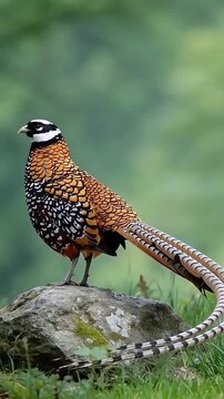 Reeves pheasant perched on a mossy rock in the wild displaying its long patterned tail feathers in this high quality wildlife motion video clip capturing natural movement and bird behavior