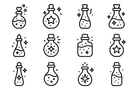 Enchanted Neon Brews Icons. Enchanted neon brews. Line outline icon set of Enchanted neon brews: glowing charm