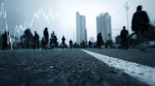 Blurred figures walk down a road with a stock market graph overlay