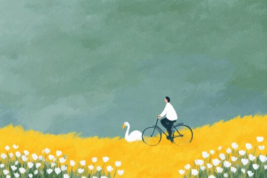 A man riding a bicycle through a field of yellow flowers with a swan perched on the handlebars. the sky is visible in the background creating a peaceful atmosphere.