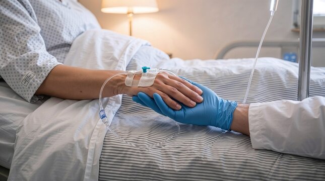 Doctor in Gloved Hand Holding Patient Hand with IV Line in Hospital Bed Comfort and Support Concept