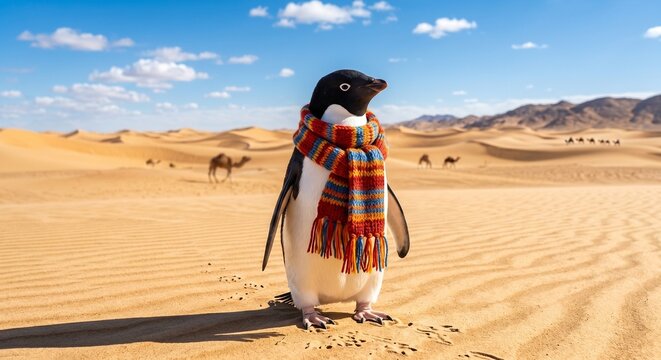 Cute penguin out of place standing on sand dunes, climate change and global warming concept background