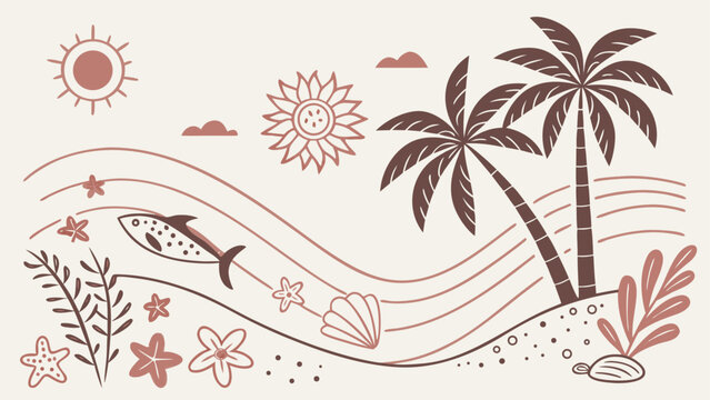 Minimalist summer landscape illustration with palms and fish