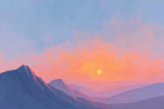 A mountain range with a sunset in the background. the sky is painted in a range of warm colors from deep oranges to bright yellows and the sun is setting in the distance casting a warm glow over the.