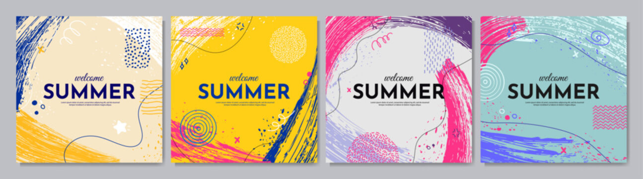 Vector illustration. Bright background. Paint brush strokes and hand drawn doodle elements. Trendy design for social media template, web banner, advertisement, marketing. Colorful summer style