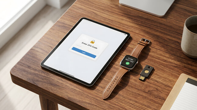 Two factor authentication concept with login screen on tablet, smart watch code, security key on desk, Multi factor authentication, cyber security showing 2FA verification process on digital devices.