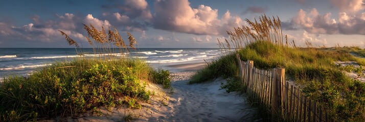 Fototapeta premium Sandy path leading to the ocean through dunes with sea oats and wooden fence under soft morning clouds at sunrise along a serene coastal shoreline landscape panorama