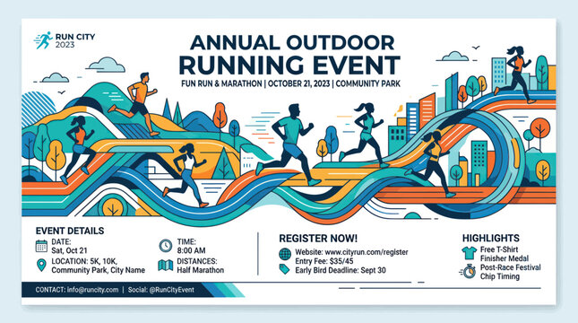 Annual Outdoor Running Event Poster: Marathon, Fun Run, City Park, Healthy Lifestyle