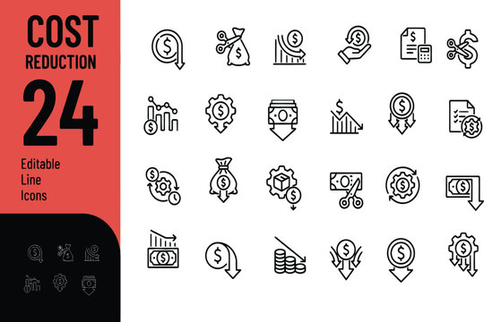 Cost reduction and money saving line icon set Vector, illustration