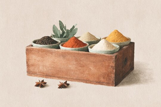 A wooden box filled with different types of spices such as cumin on top of a table. the box is filled to the brim with the vibrant colors of the spices and the table is a light wood color.