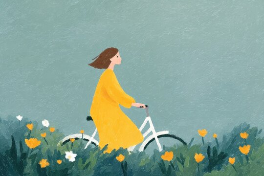 A woman in a yellow dress riding a bicycle through a field of vibrant yellow flowers with lush green plants in the background.