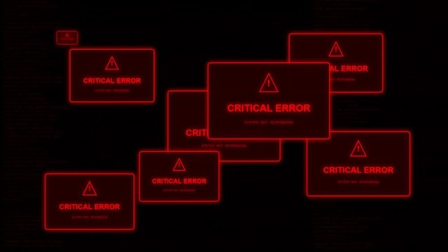 Sequential Critical Error Warning Windows Pop-Up Animation on Dark Background