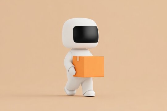 A 3d rendering of a white robot with a black square on its head. the robot is holding an orange box in its right hand and appears to be walking on a plain beige background.
