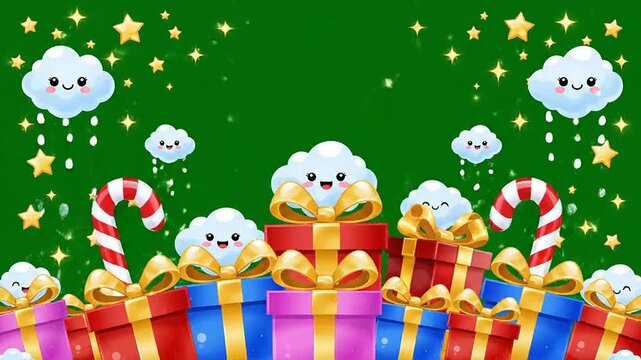 Whimsical Cartoon Presents With Cute Clouds And Festive Decorations On Vibrant Green Background Ideal For Holiday Celebrations