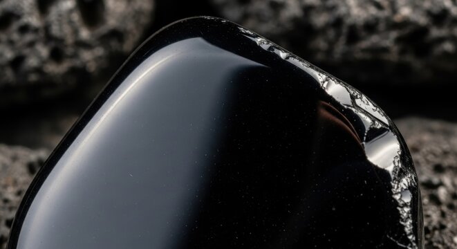 Close-up view of a highly polished, smooth, dark obsidian shard with a fractured edge