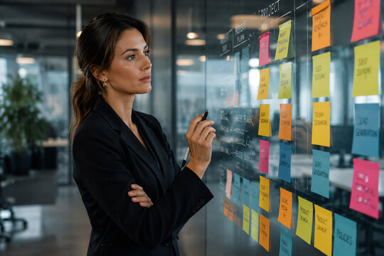 A businesswoman in a black suit stands looking thoughtfully at a whiteboard covered with project notes in an office setting.