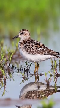 Little stint wading through shallow wetland waters searching for food during a peaceful morning in this cinematic nature video animation clip capturing the elegant movements of the small migratory bir