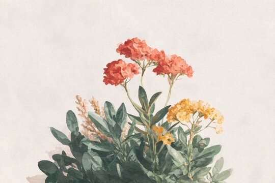 The is a watercolor painting of a bouquet of flowers. the bouquet is made up of a variety of colorful flowers including red carnations yellow lantana flowers and green leaves.
