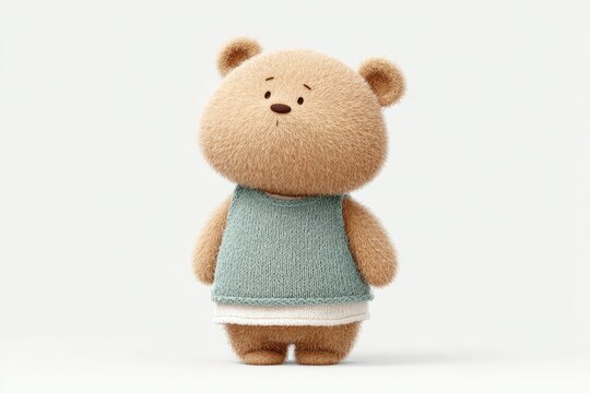 A brown teddy bear wearing a blue dress on a white background. the bear has a soft cuddly texture and its eyes are closed giving it a peaceful and content look.