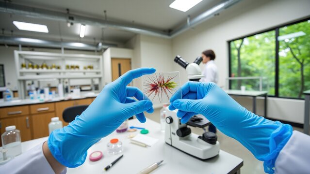 Female Scientist Examining Microscope Slide