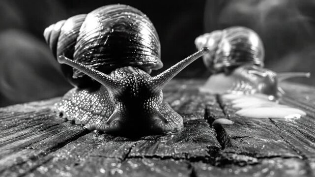 Black and White Close Up of Two Snails on a Rustic Wooden Surface, Featuring Textured Shells and Slimy Trails