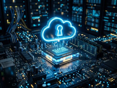 Cloud Computing Cybersecurity Concept with Glowing Neon Cloud Icon and Lock on Microchip Processor Circuit Board in Data Center