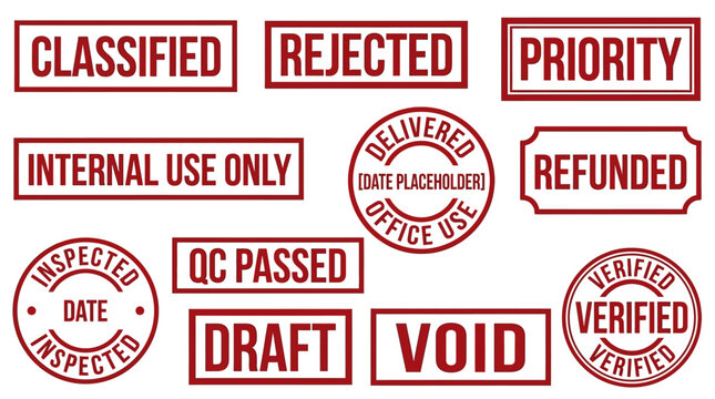 Red Stamp Icons Representing Various Document Statuses and Approvals