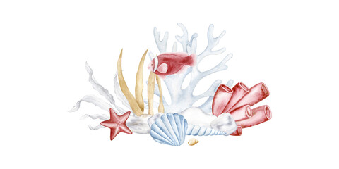 Fototapeta premium Watercolor underwater composition with tropical fish, white coral, seashell, starfish and seaweed isolated. Hand drawn marine clipart in pastel style for summer vacation and ocean-themed designs.