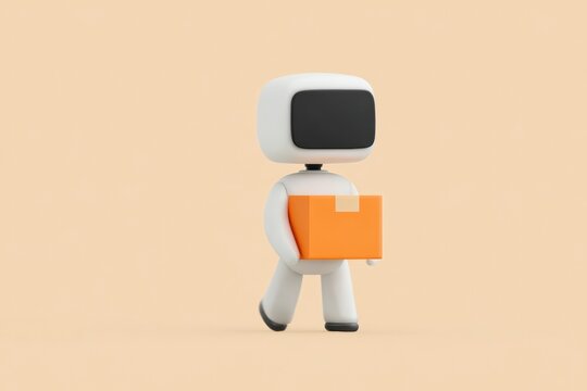 A white robot with an orange folder in its hand standing against a creamcolored background.