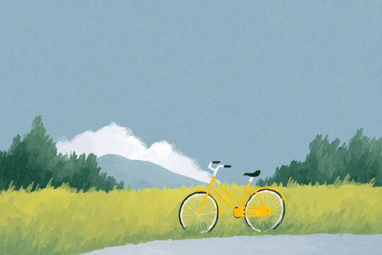 A yellow bicycle parked on the side of a road surrounded by lush green grass and tall trees. in the background majestic mountains and a bright blue sky can be seen.