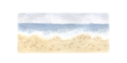 Landscape with calm blue sea and sandy beach watercolor illustration isolated. Hand drawn minimalist marine drawing perfect for summer vacation designs, travel themes and seaside decor. © Natalia