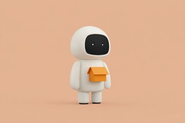 Fototapeta premium A white robot with an orange box in its hand standing against a peachcolored background. it appears to be an animated suggesting that the robot is holding a box.
