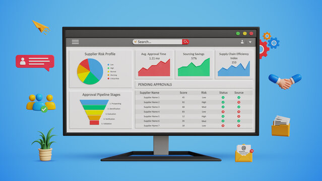 Digital Procurement Process. Vendor Workflow, SCM, Supply Chain Management, Online Purchasing, Business Automation, E-Procurement System. Supplier Dashboard on Computer Screen. 3D Render