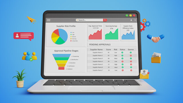 Digital Procurement Process. Vendor Workflow, SCM, Supply Chain Management, Online Purchasing, Business Automation, E-Procurement System. Supplier Dashboard on Laptop. 3D Render