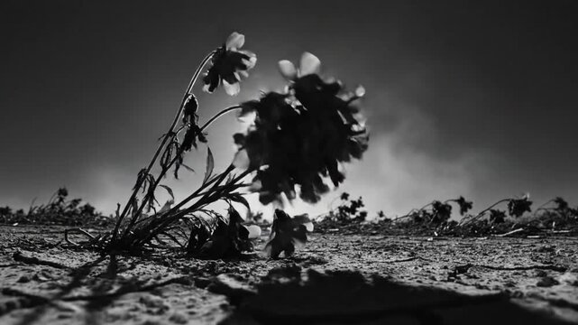 Black and white shot of withered flowers against a bright sky in the desert environment, symbolizing fragility
