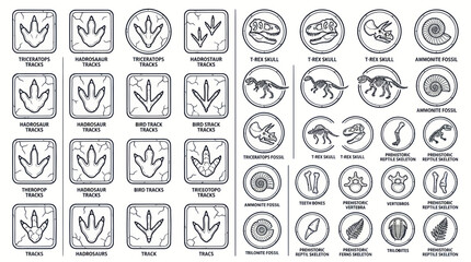 Dinosaur Footprints and Fossils Icons Set - Vintage Style © hejue