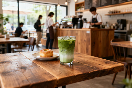 Iced matcha latte and donut on wooden table in modern cafe interior