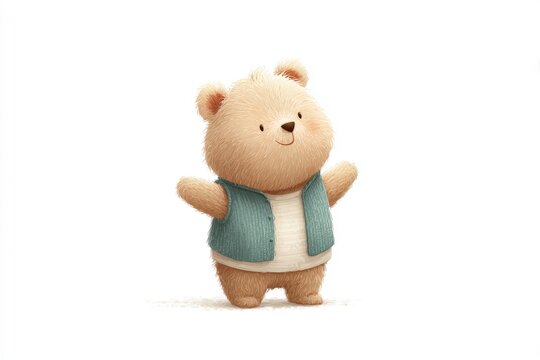 A small brown teddy bear wearing a blue vest and a white shirt standing against a white background.